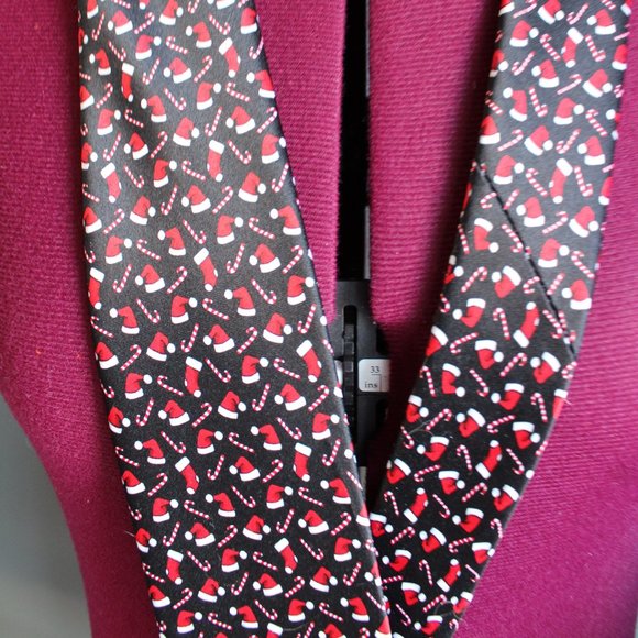 Noel Holiday Collection Necktie Black With Santa Hats And Candy Canes Christmas - Picture 3 of 5